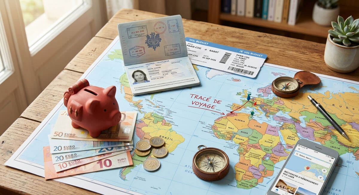 Préparatifs de voyage avec passeport, billet d'avion et économies pour voyager pas cher