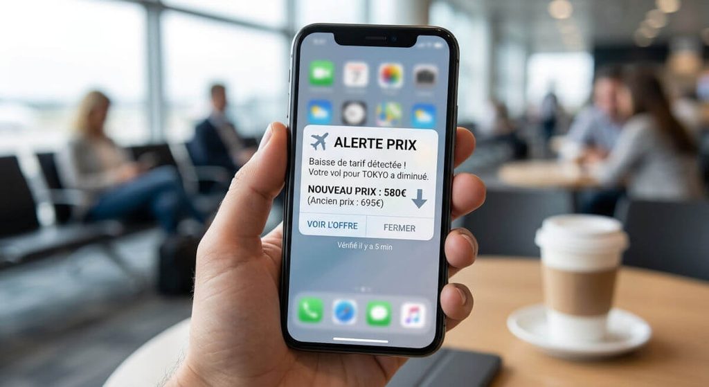 Notification d'alerte prix sur smartphone signalant une baisse du tarif d'un vol