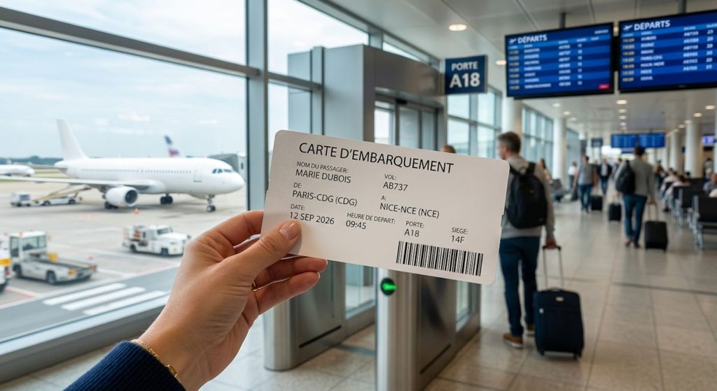 Main tenant une carte d'embarquement dans un aéroport, avion et écran des départs en arrière-plan