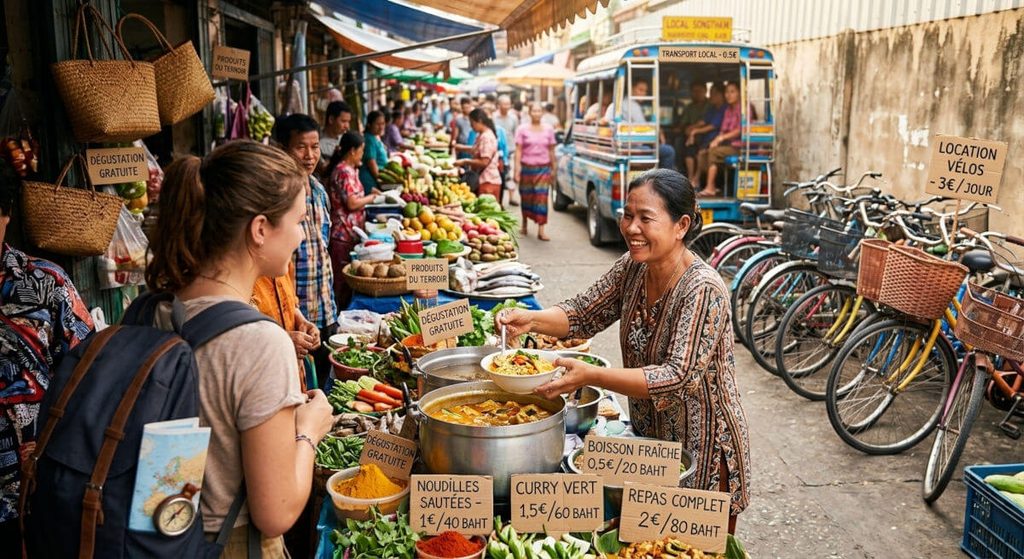 Marché de rue local avec prix affichés, une bonne option pour manger et se déplacer pas cher en voyage
