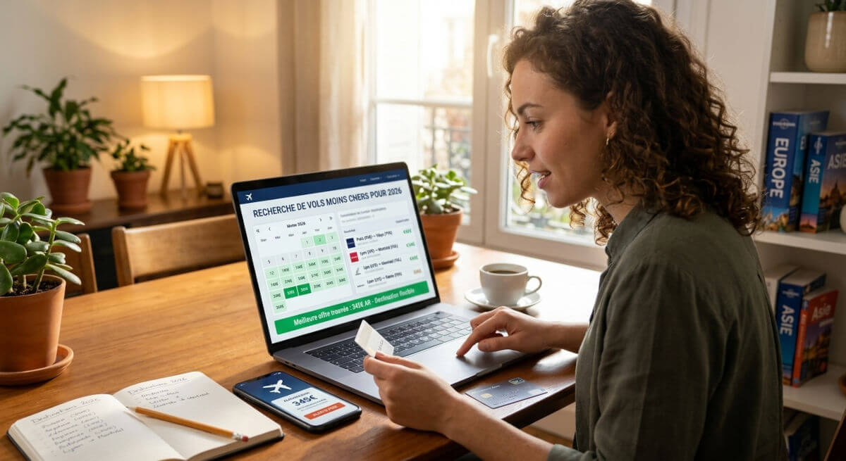 Femme comparant les prix des vols sur ordinateur portable pour trouver le meilleur tarif en 2026