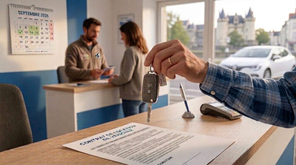 Remise des clés de voiture de location au comptoir d'une agence, avec le contrat de location sur le bureau, pour bien préparer sa réservation